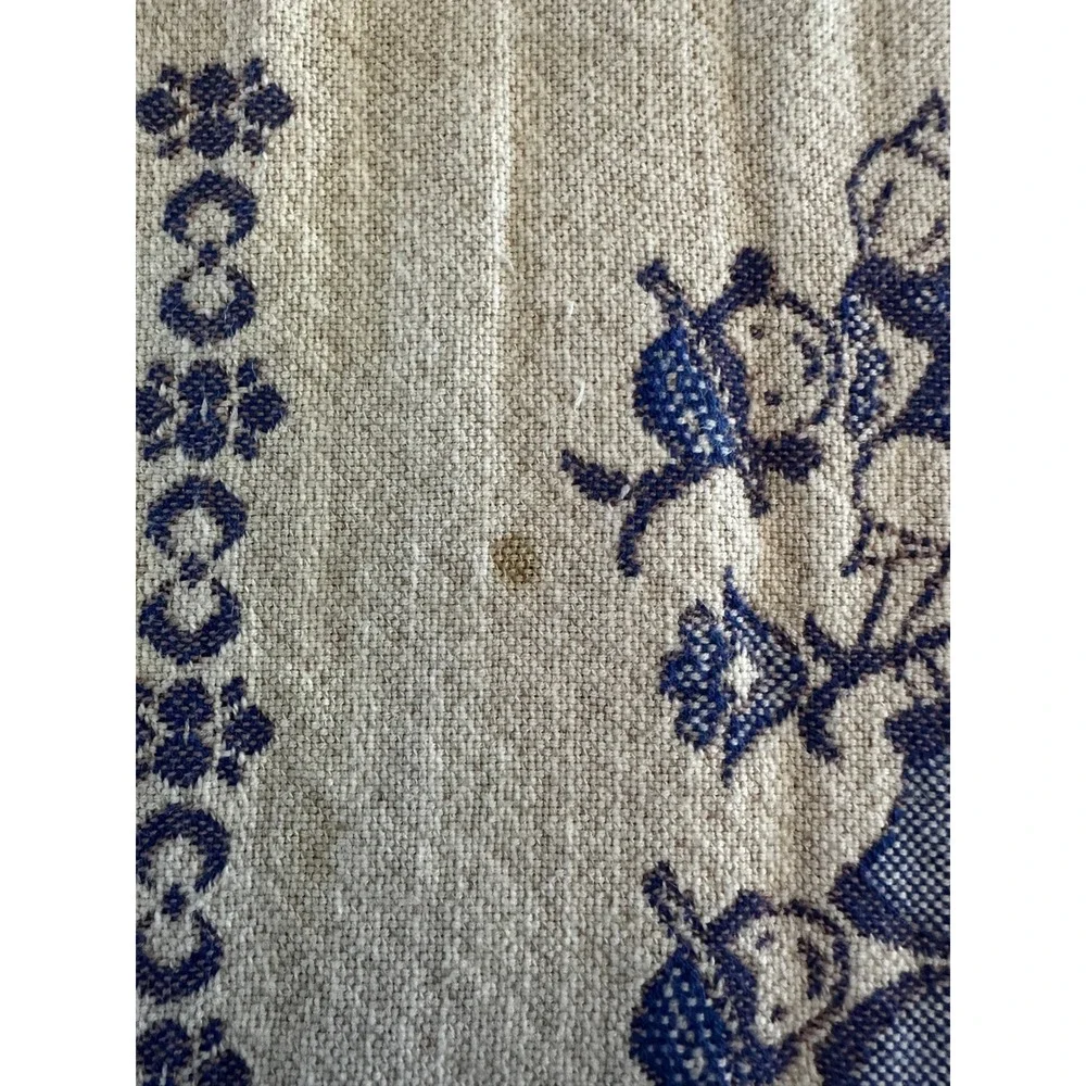 Vintage Blue White Folk Art Woven Tablecloth Lace Trim Bavarian Alpine Figures